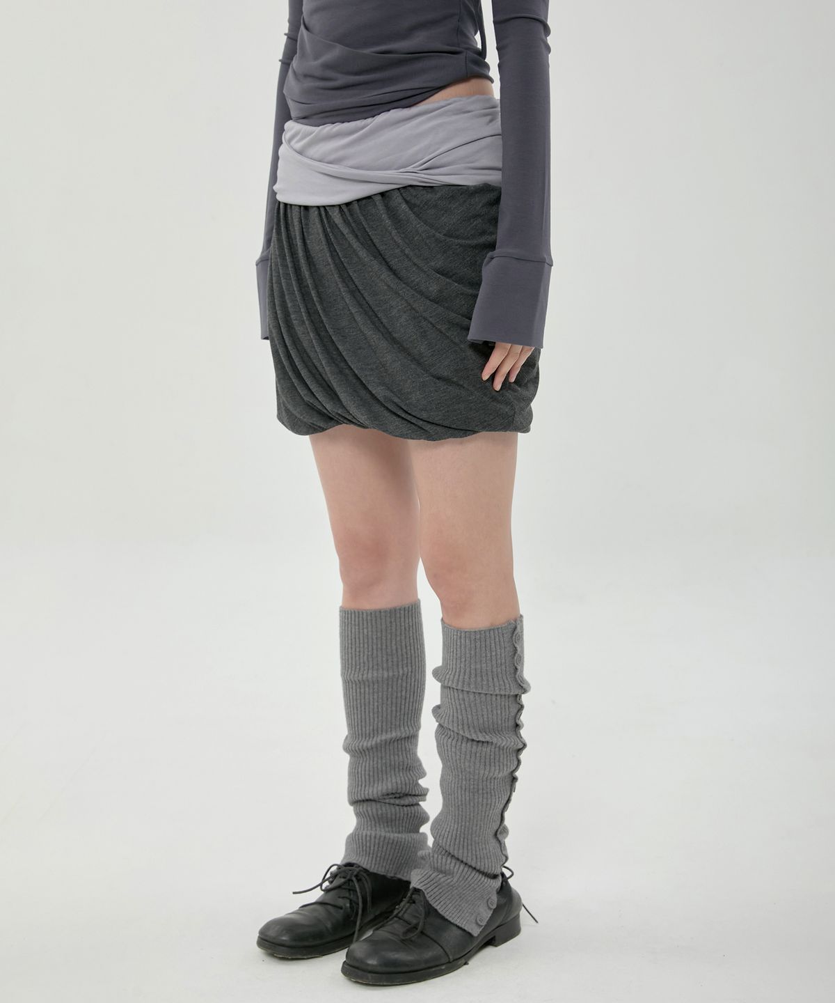 플레어업(FLAREUP) Layered Drape Midi Skirt (FL-276_Charcoal)