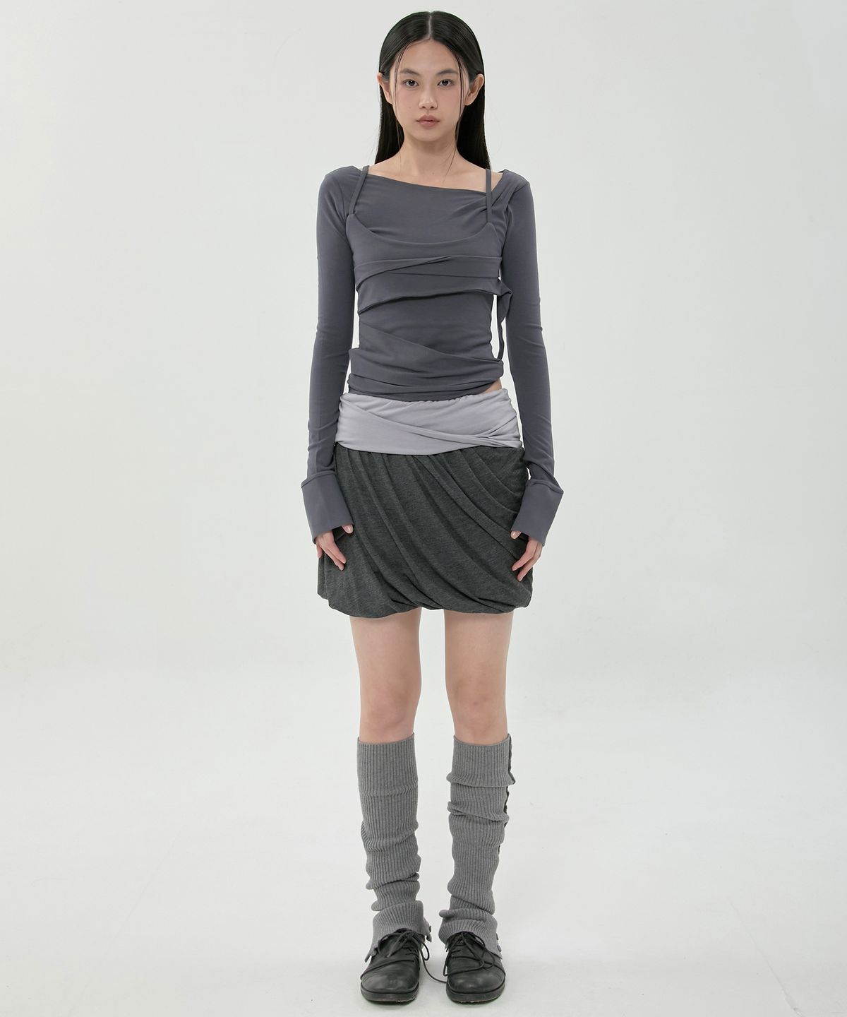 플레어업(FLAREUP) Layered Drape Midi Skirt (FL-276_Charcoal)