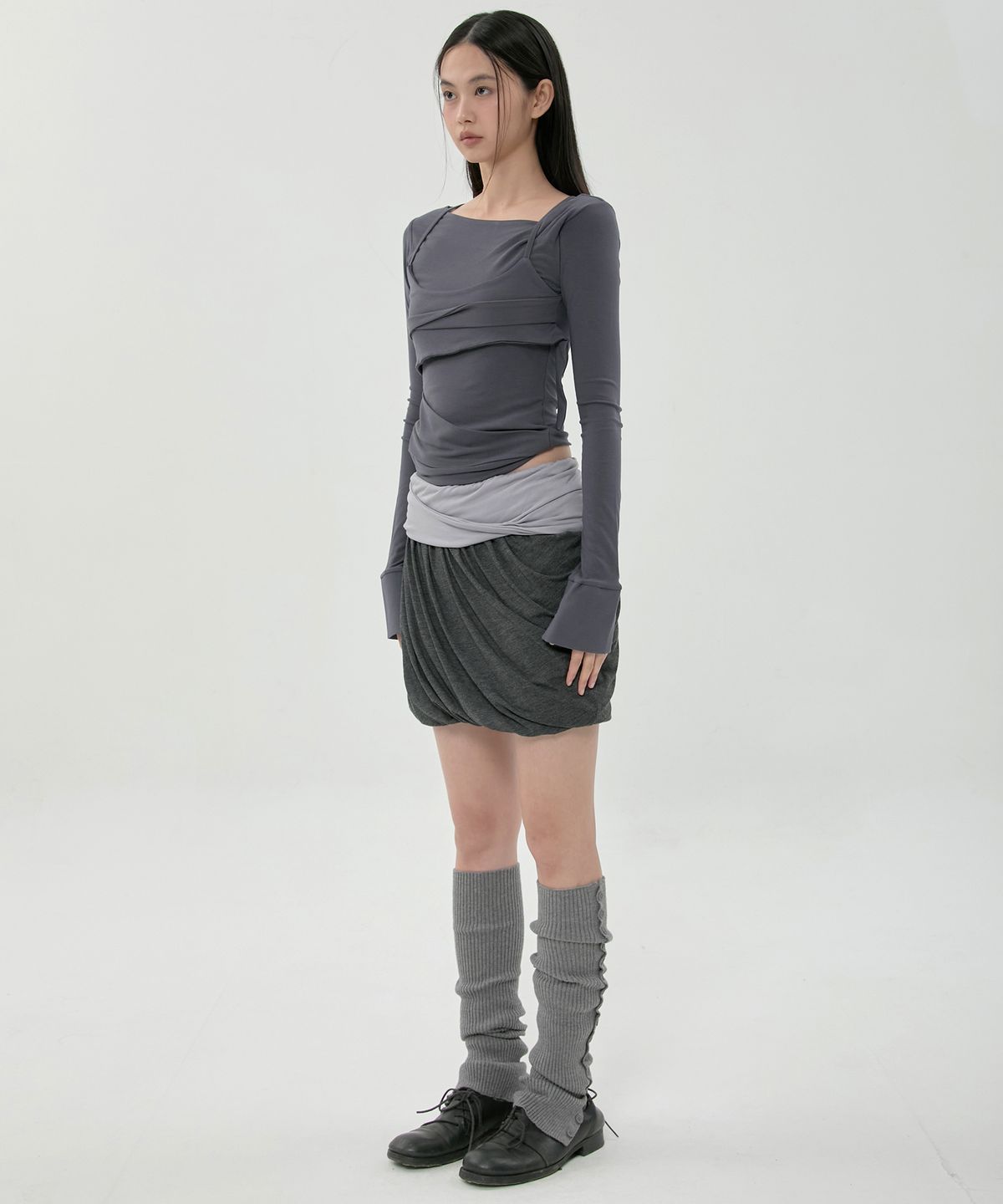 플레어업(FLAREUP) Layered Drape Midi Skirt (FL-276_Charcoal)