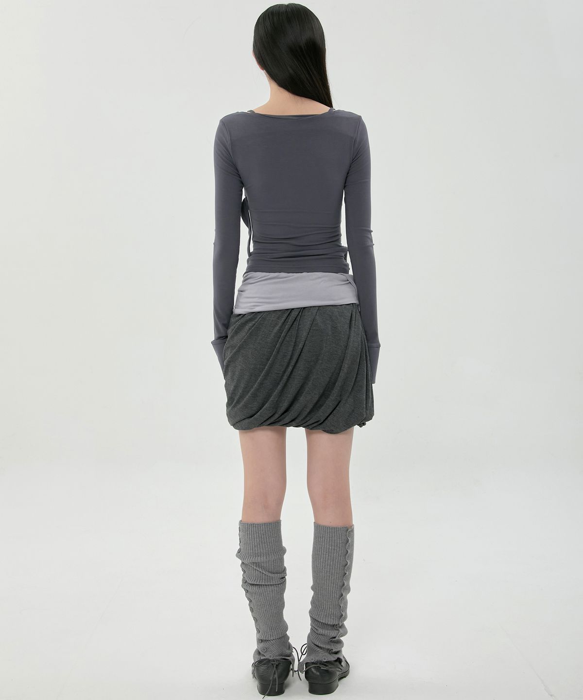 플레어업(FLAREUP) Layered Drape Midi Skirt (FL-276_Charcoal)