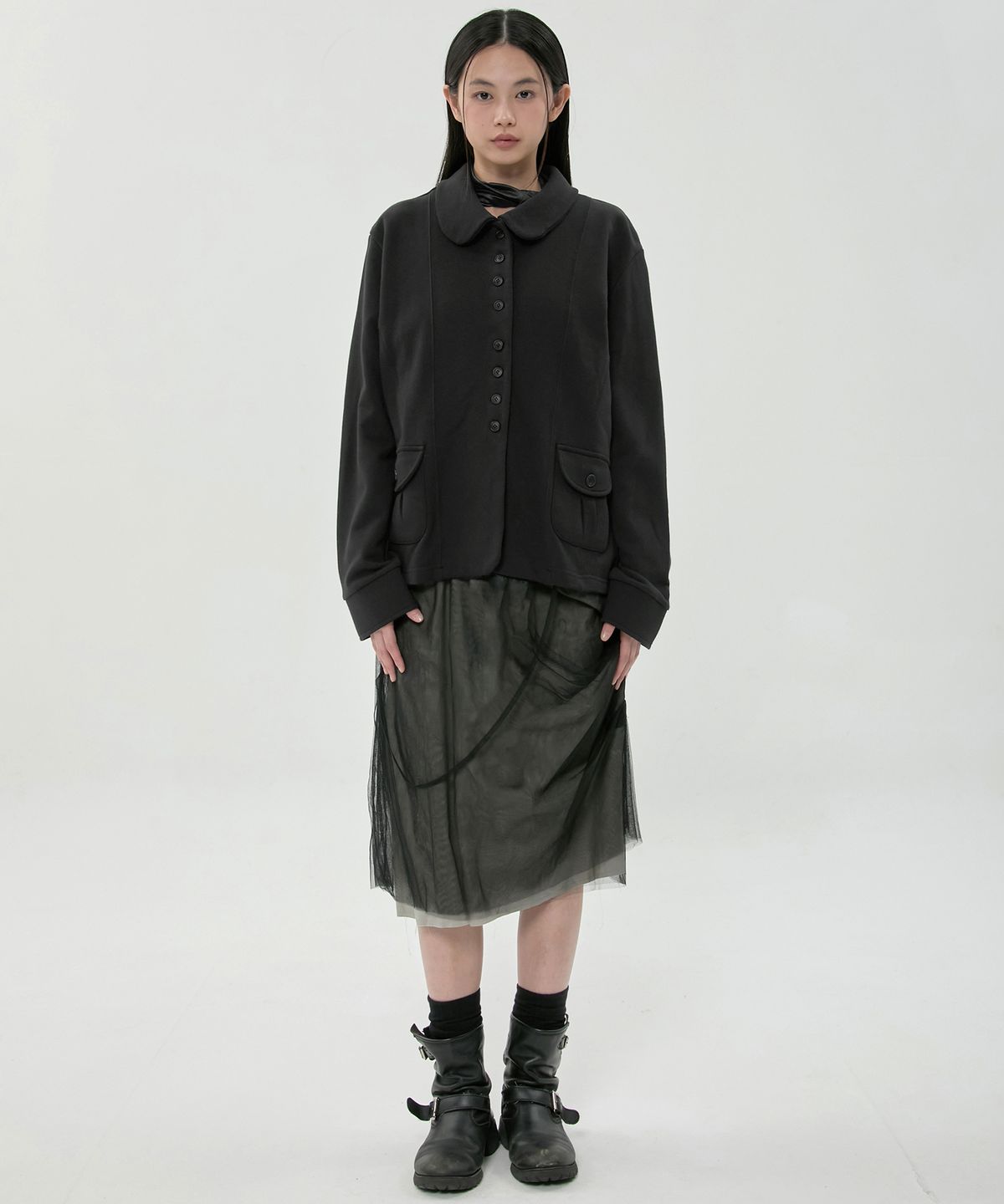 플레어업(FLAREUP) Sheer Layered Midi Skirt (FL-277_Black)