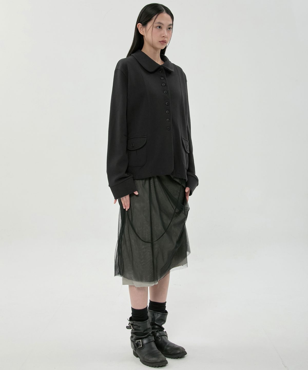 플레어업(FLAREUP) Sheer Layered Midi Skirt (FL-277_Black)