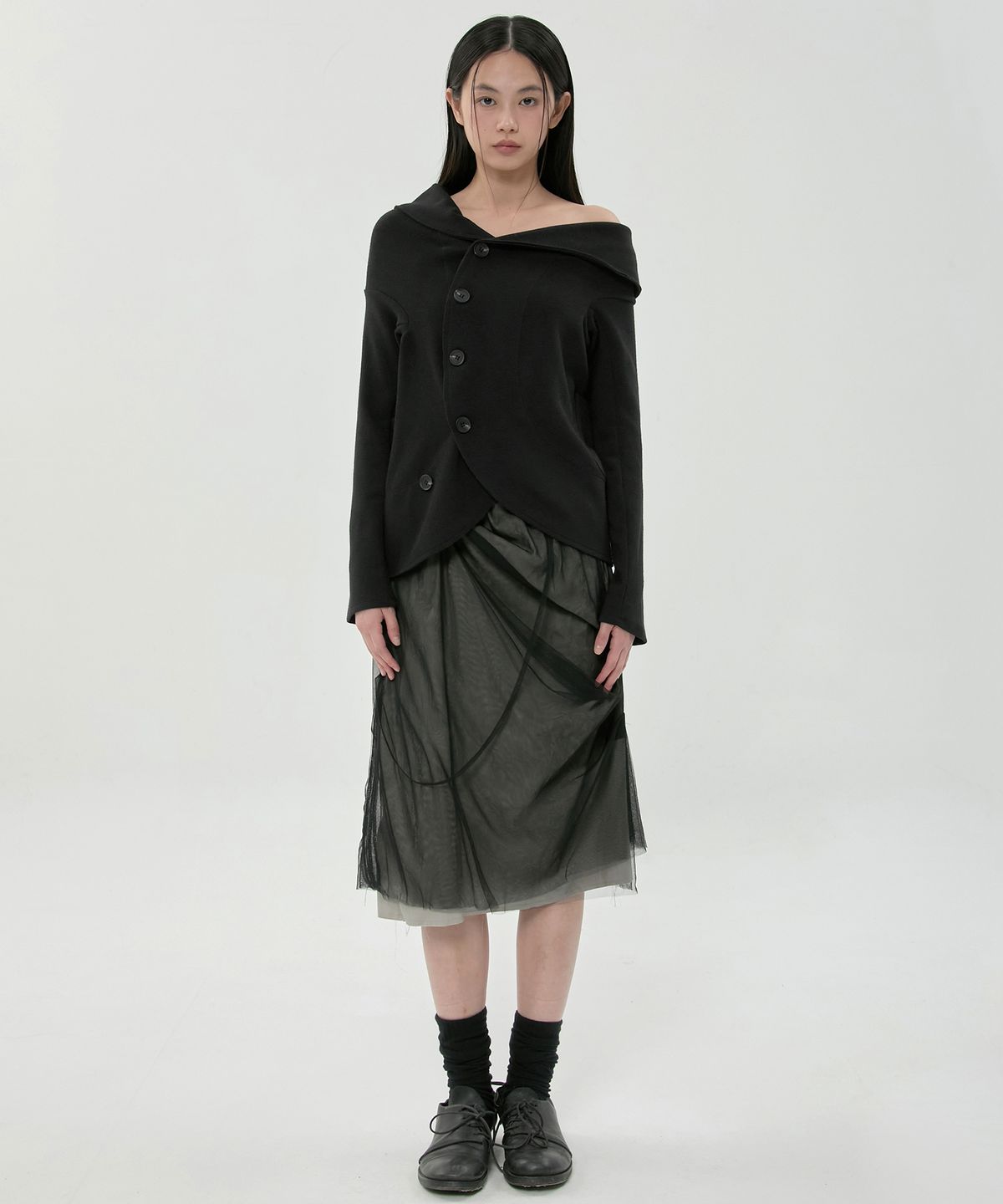 플레어업(FLAREUP) Sheer Layered Midi Skirt (FL-277_Black)