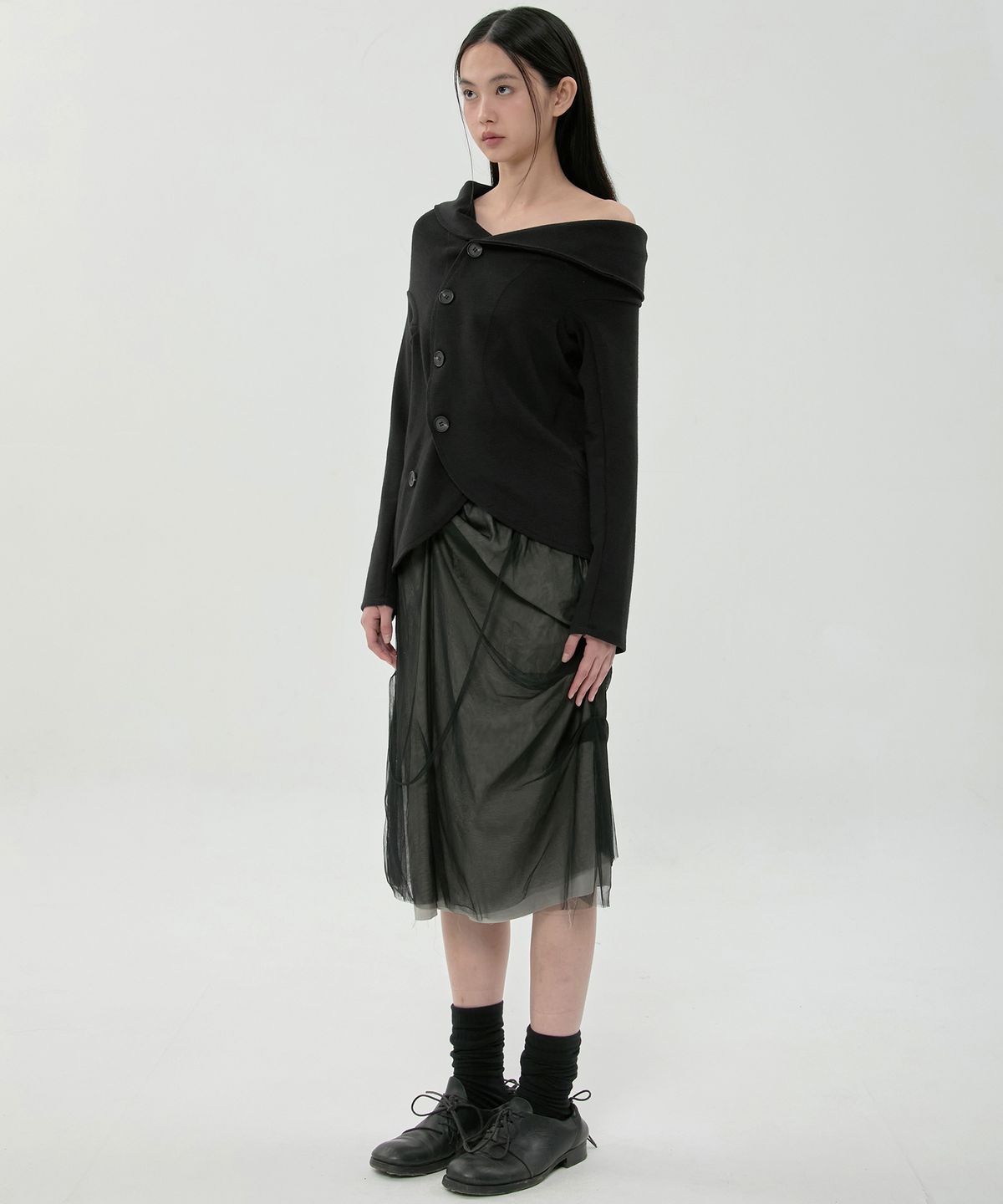 플레어업(FLAREUP) Sheer Layered Midi Skirt (FL-277_Black)