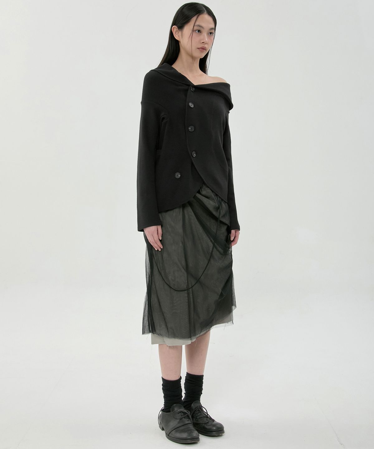 플레어업(FLAREUP) Sheer Layered Midi Skirt (FL-277_Black)
