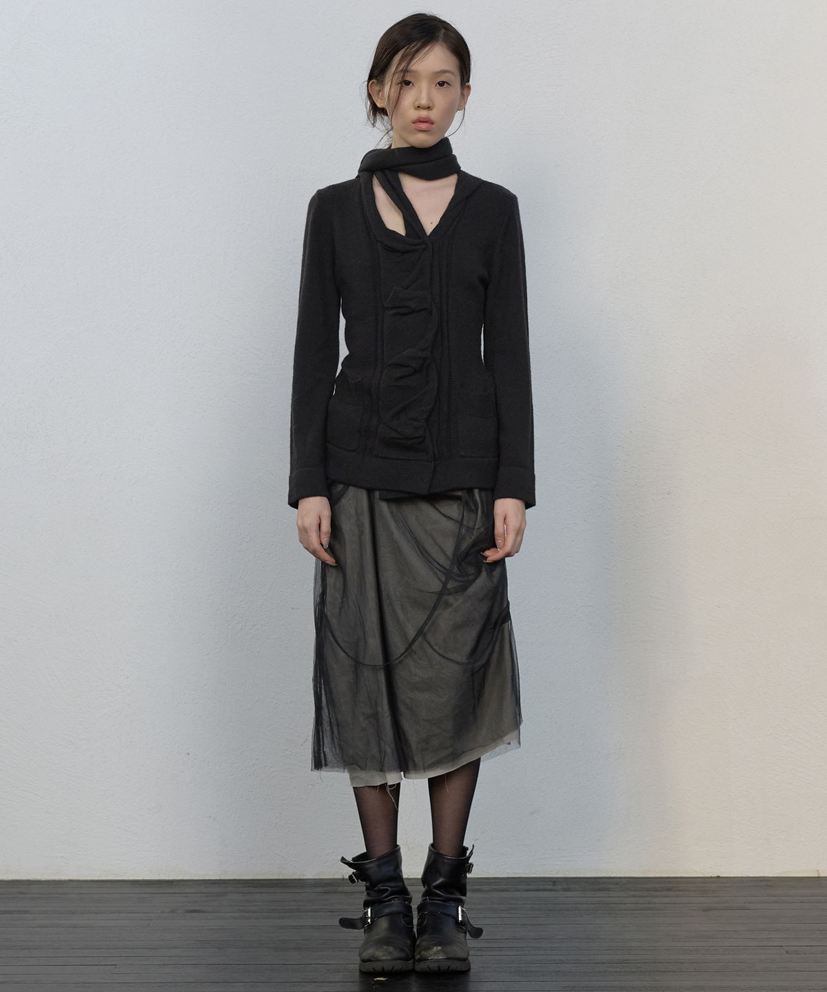 플레어업(FLAREUP) Sheer Layered Midi Skirt (FL-277_Black)