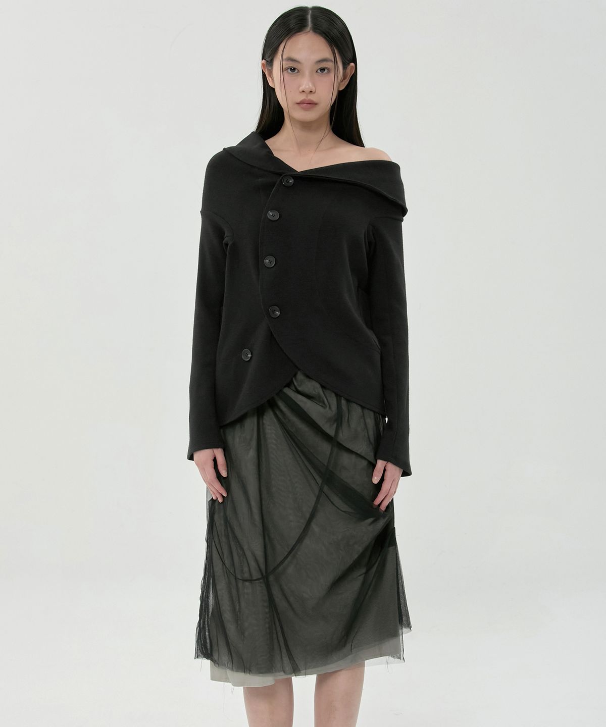 플레어업(FLAREUP) Sheer Layered Midi Skirt (FL-277_Black)