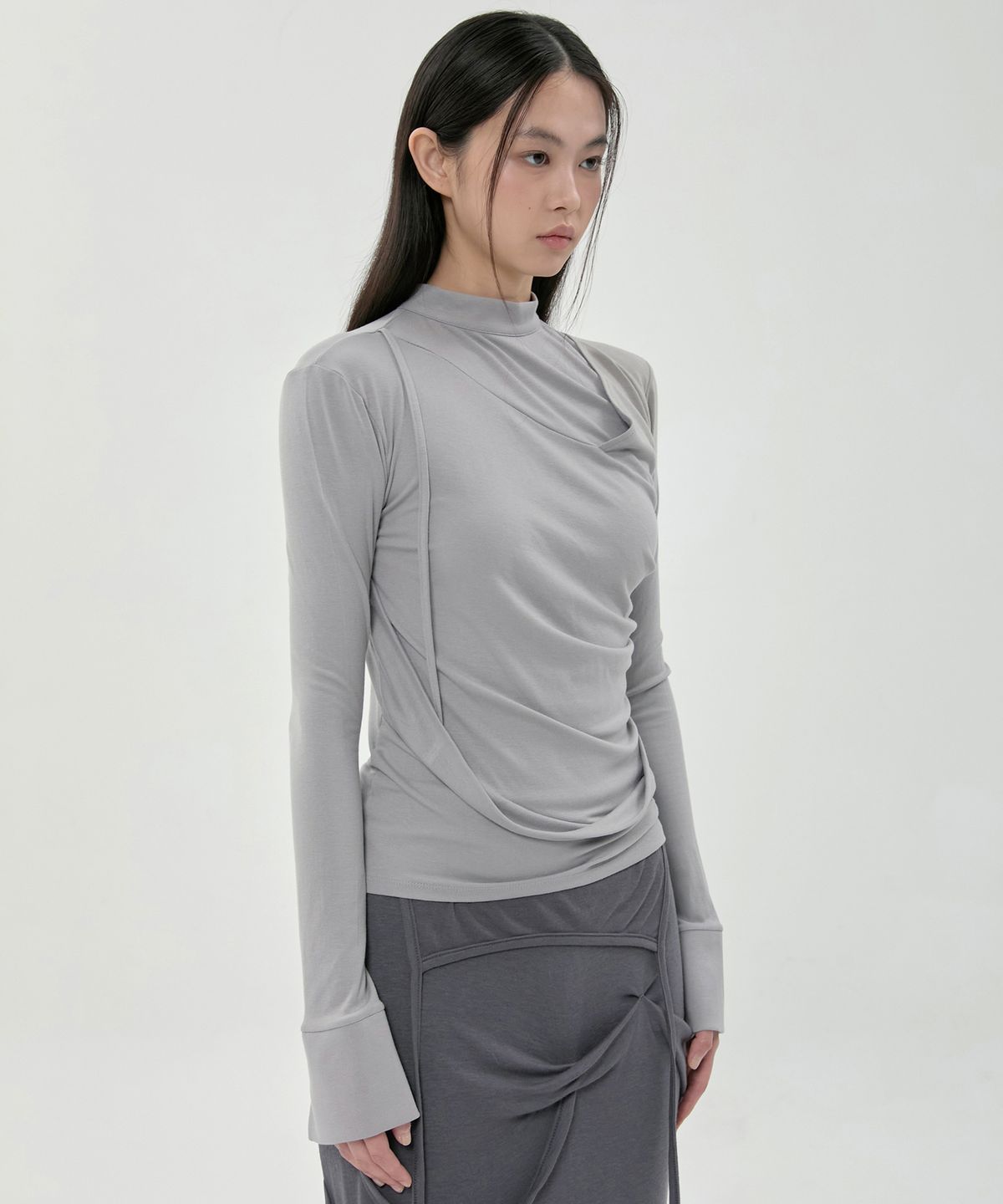 플레어업(FLAREUP) Draped Mock Neck Long Sleeve (FL-182_Gray)