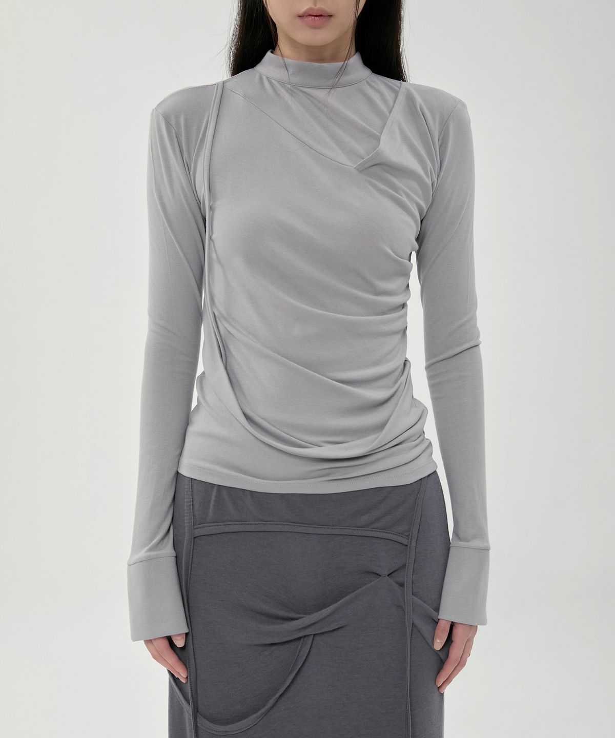 플레어업(FLAREUP) Draped Mock Neck Long Sleeve (FL-182_Gray)