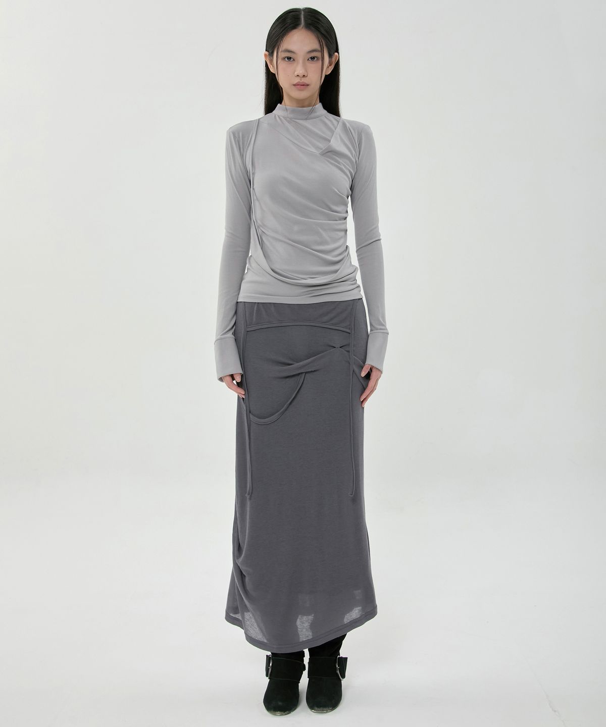 플레어업(FLAREUP) Draped Mock Neck Long Sleeve (FL-182_Gray)