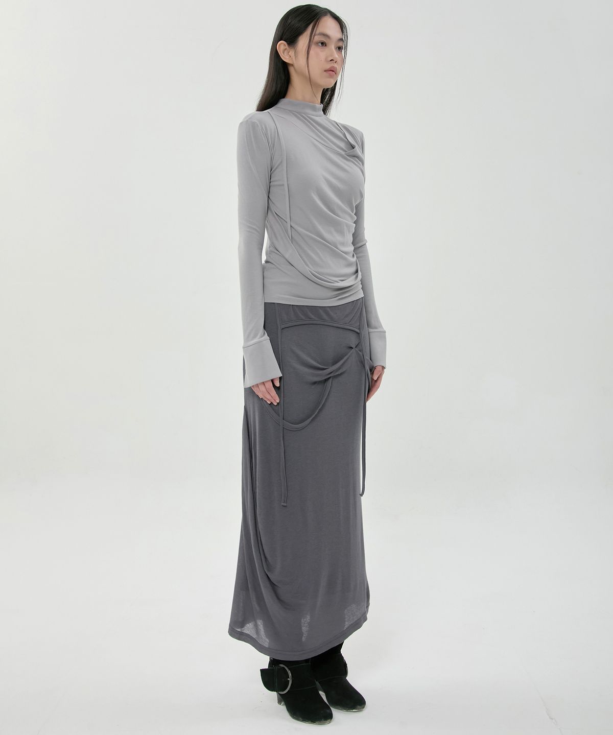 플레어업(FLAREUP) Draped Mock Neck Long Sleeve (FL-182_Gray)