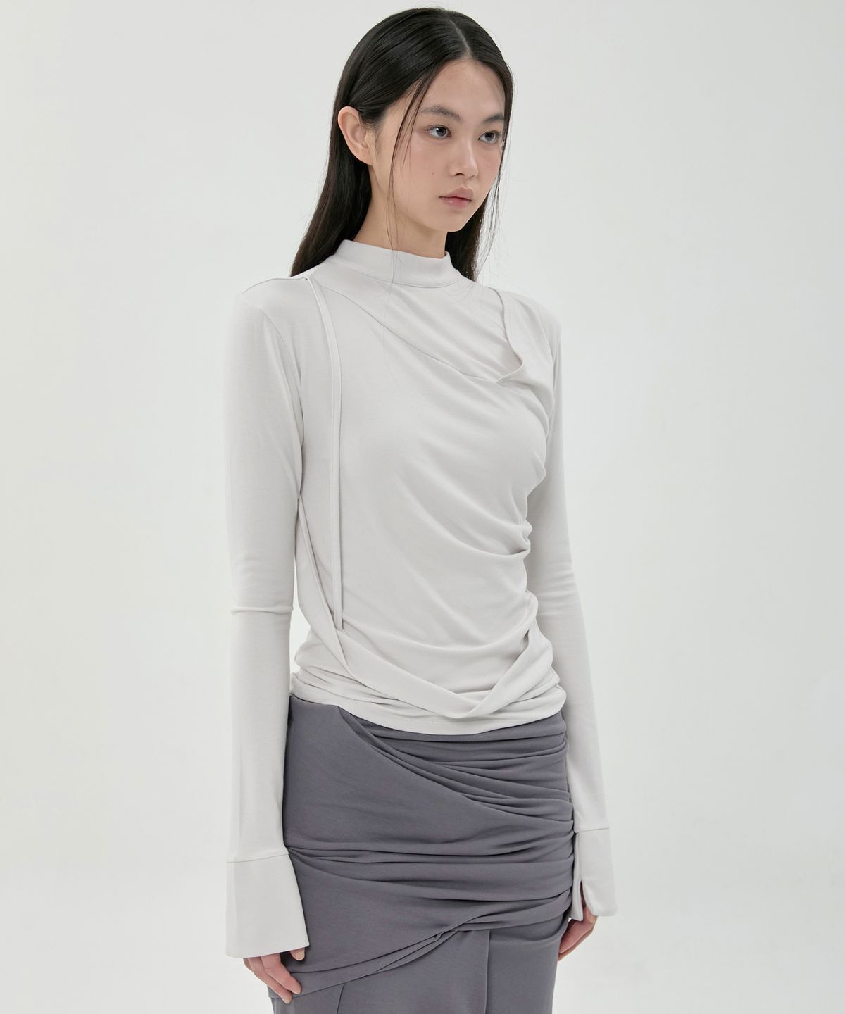 플레어업(FLAREUP) Draped Mock Neck Long Sleeve (FL-182_Cloud White)