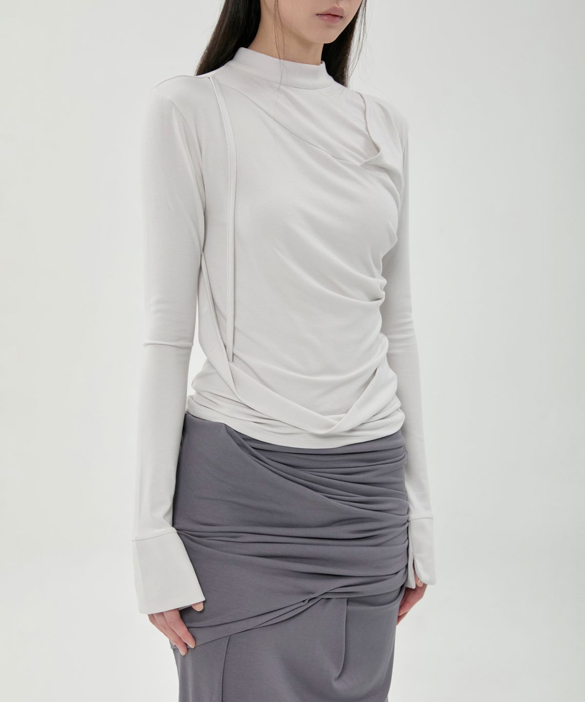 플레어업(FLAREUP) Draped Mock Neck Long Sleeve (FL-182_Cloud White)