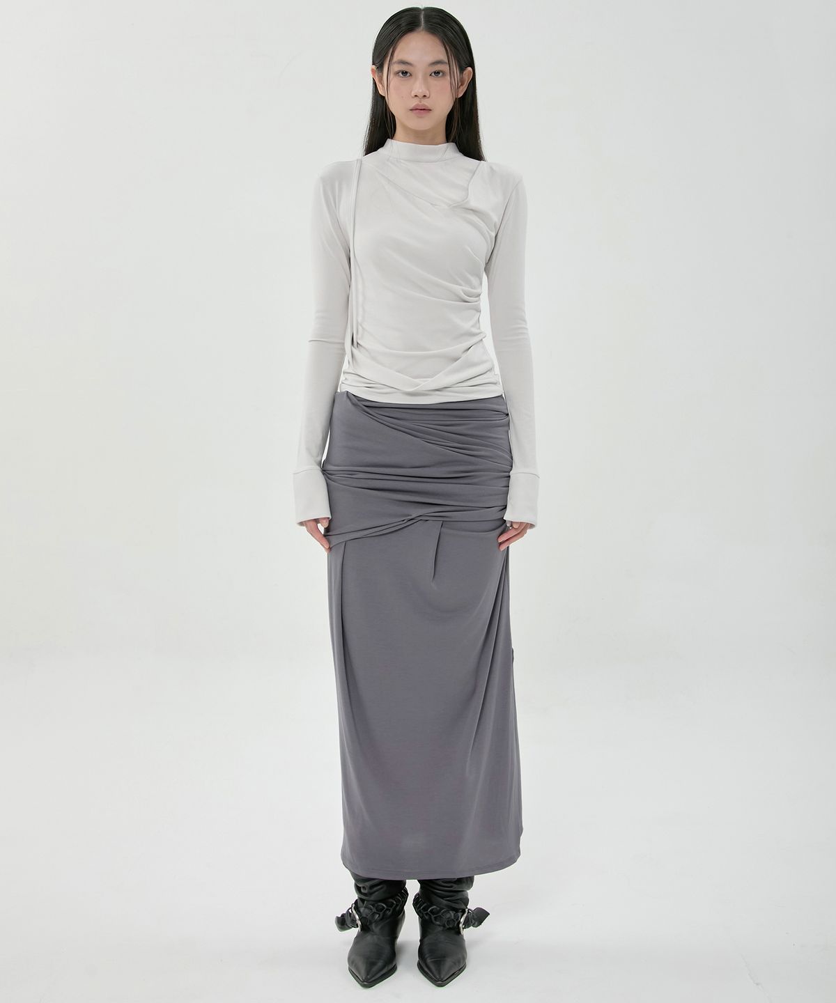 플레어업(FLAREUP) Draped Mock Neck Long Sleeve (FL-182_Cloud White)