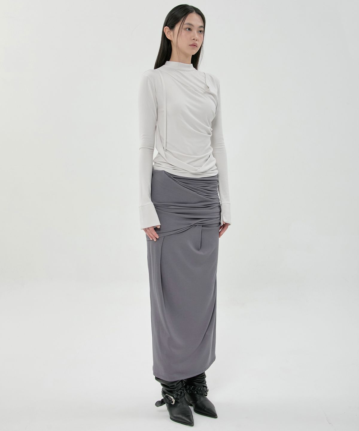 플레어업(FLAREUP) Draped Mock Neck Long Sleeve (FL-182_Cloud White)