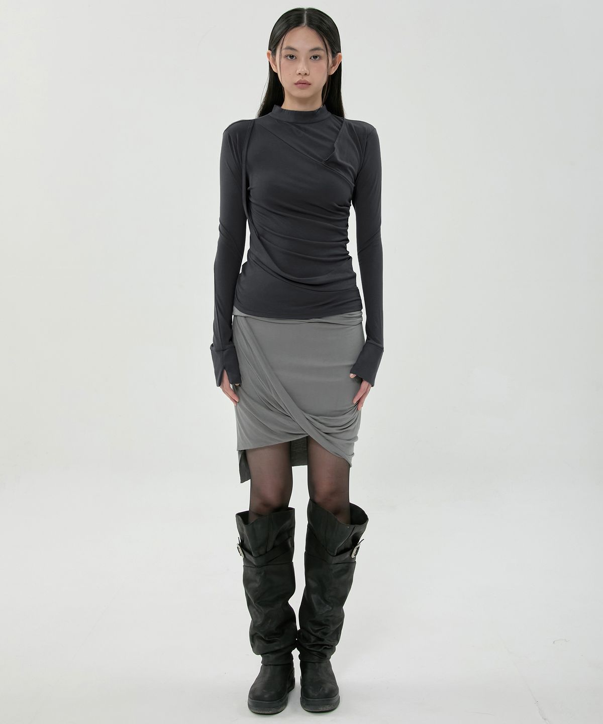 플레어업(FLAREUP) Draped Mock Neck Long Sleeve (FL-182_Black)