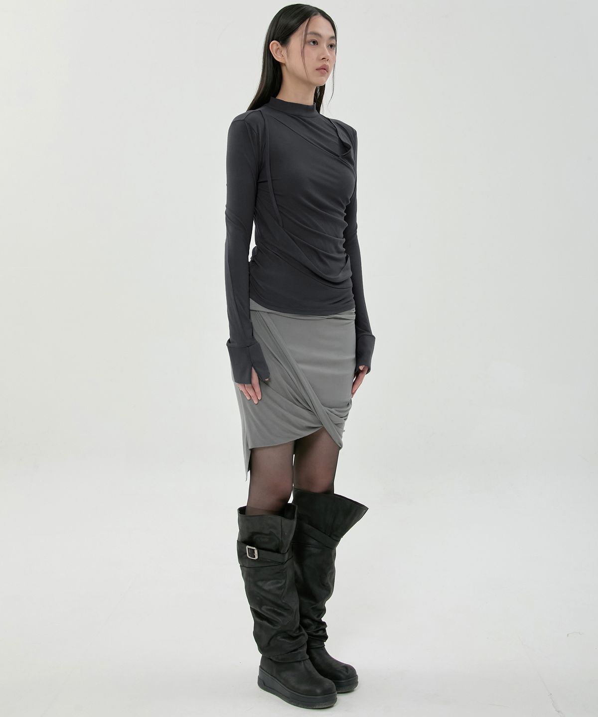 플레어업(FLAREUP) Draped Mock Neck Long Sleeve (FL-182_Black)