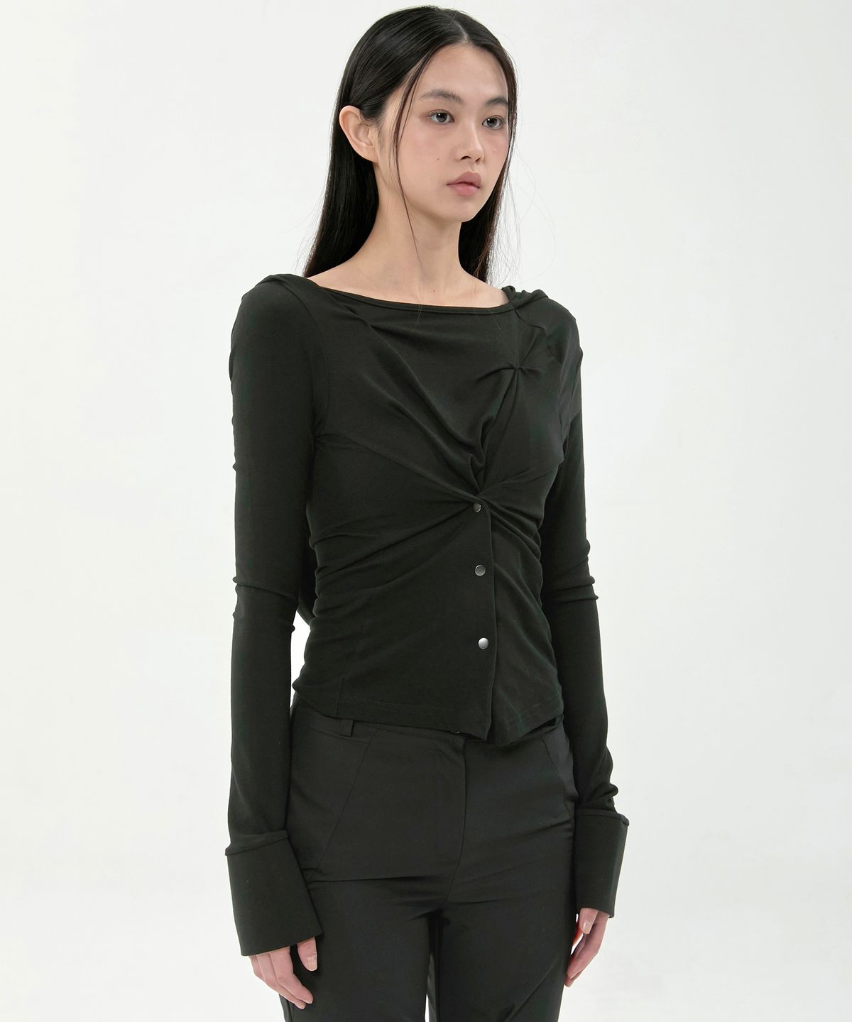 플레어업(FLAREUP) Asymmetrical Snap Long Sleeve Hoodie (FL-183_Black)