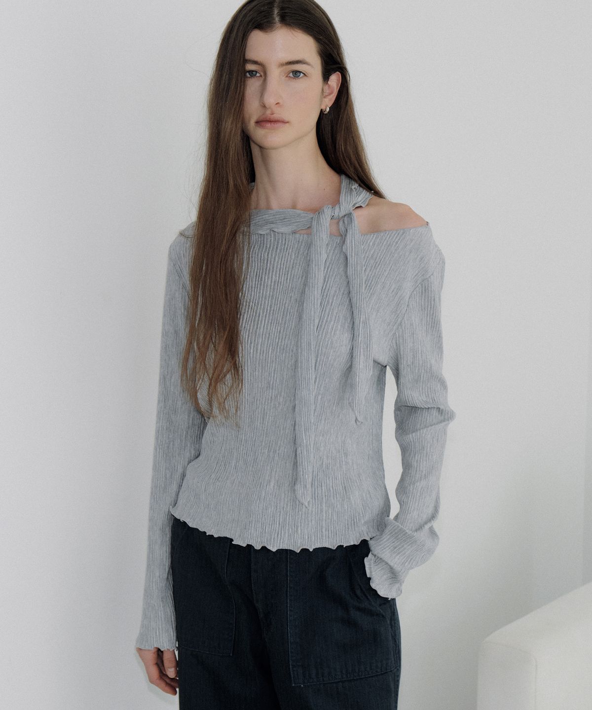 아워코모스(OURCOMOS) soft pleated scarf T-shirt (melange gray) orc 6106