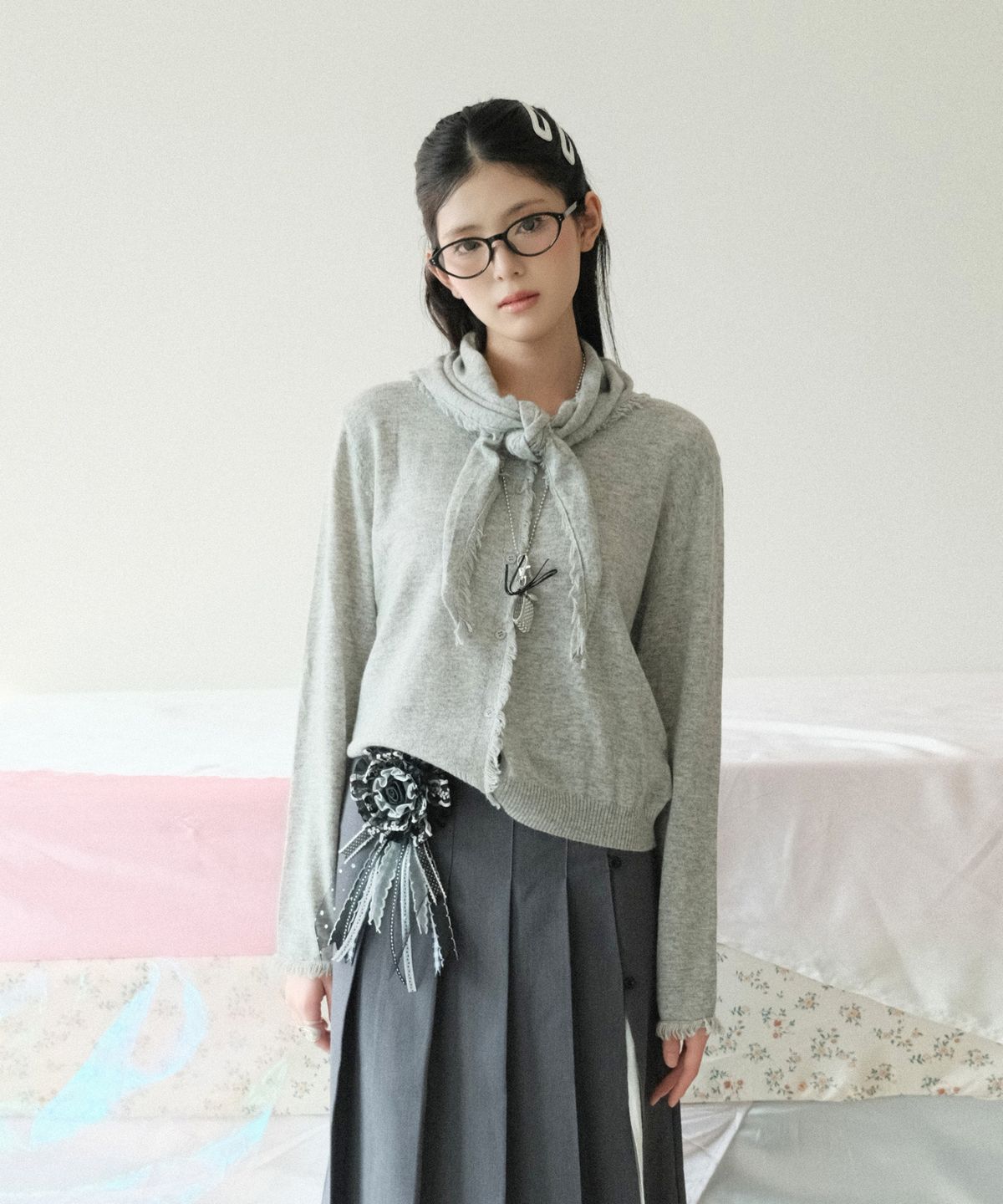 쿨키튼(KOOLKITTEN) Frayed Knit Cardigan & Scarf Set 2colors