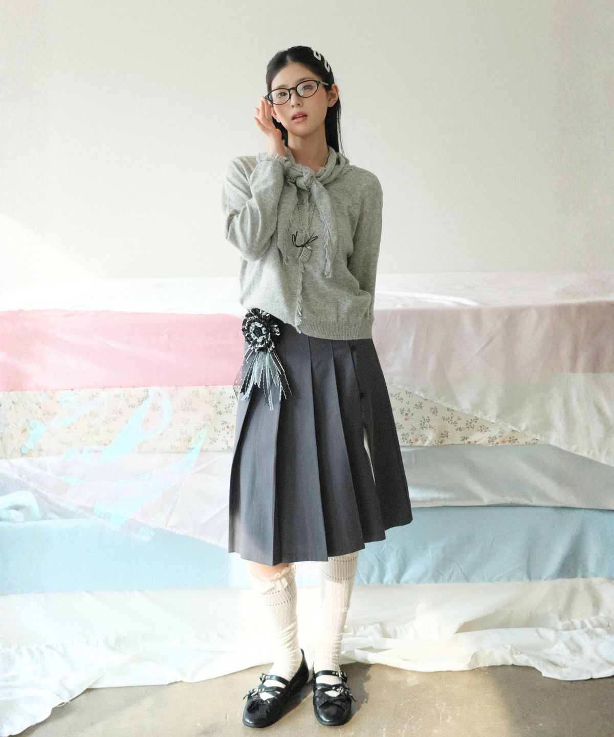 쿨키튼(KOOLKITTEN) Frayed Knit Cardigan & Scarf Set 2colors