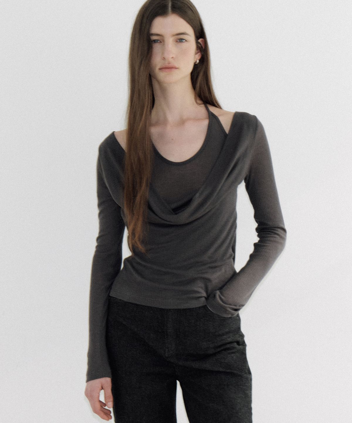 아워코모스(OURCOMOS) layered wool tencel T-shirt (charcoal) orc 6108