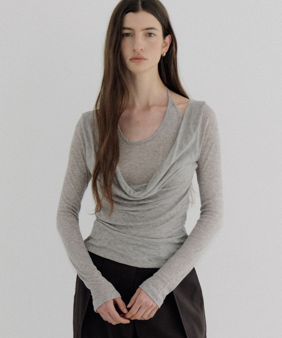아워코모스(OURCOMOS) layered wool tencel T-shirt (melange gray) orc 6109