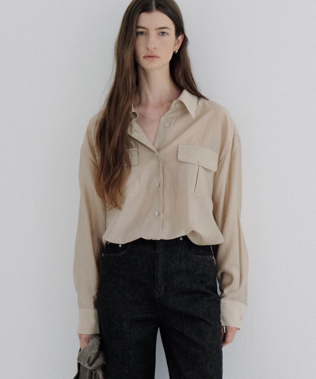 아워코모스(OURCOMOS) sheer two-pocket shirt (beige) orc 6113
