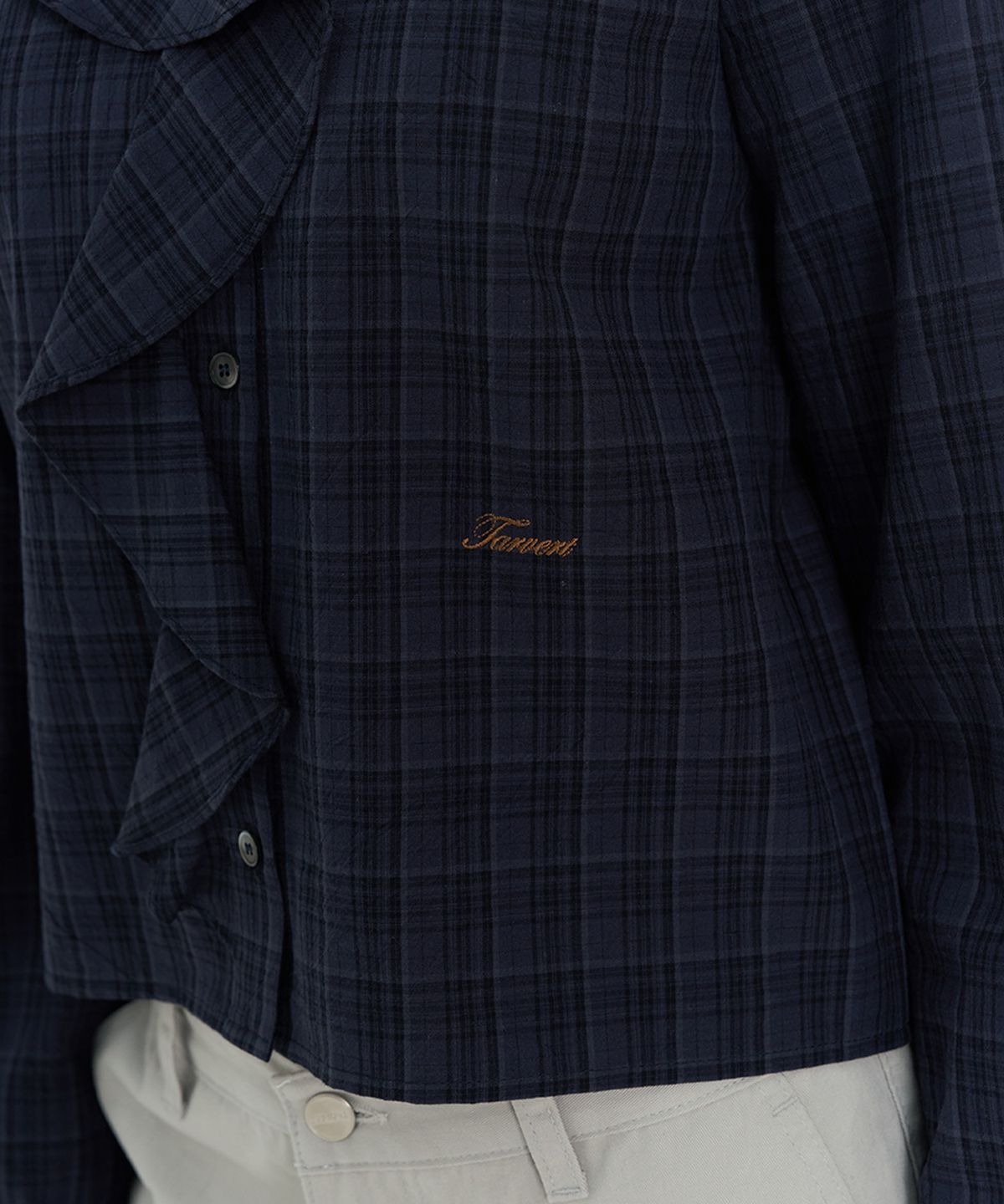 타버트(TARVERT) Terrace Check Ruffle Blouse - Navy
