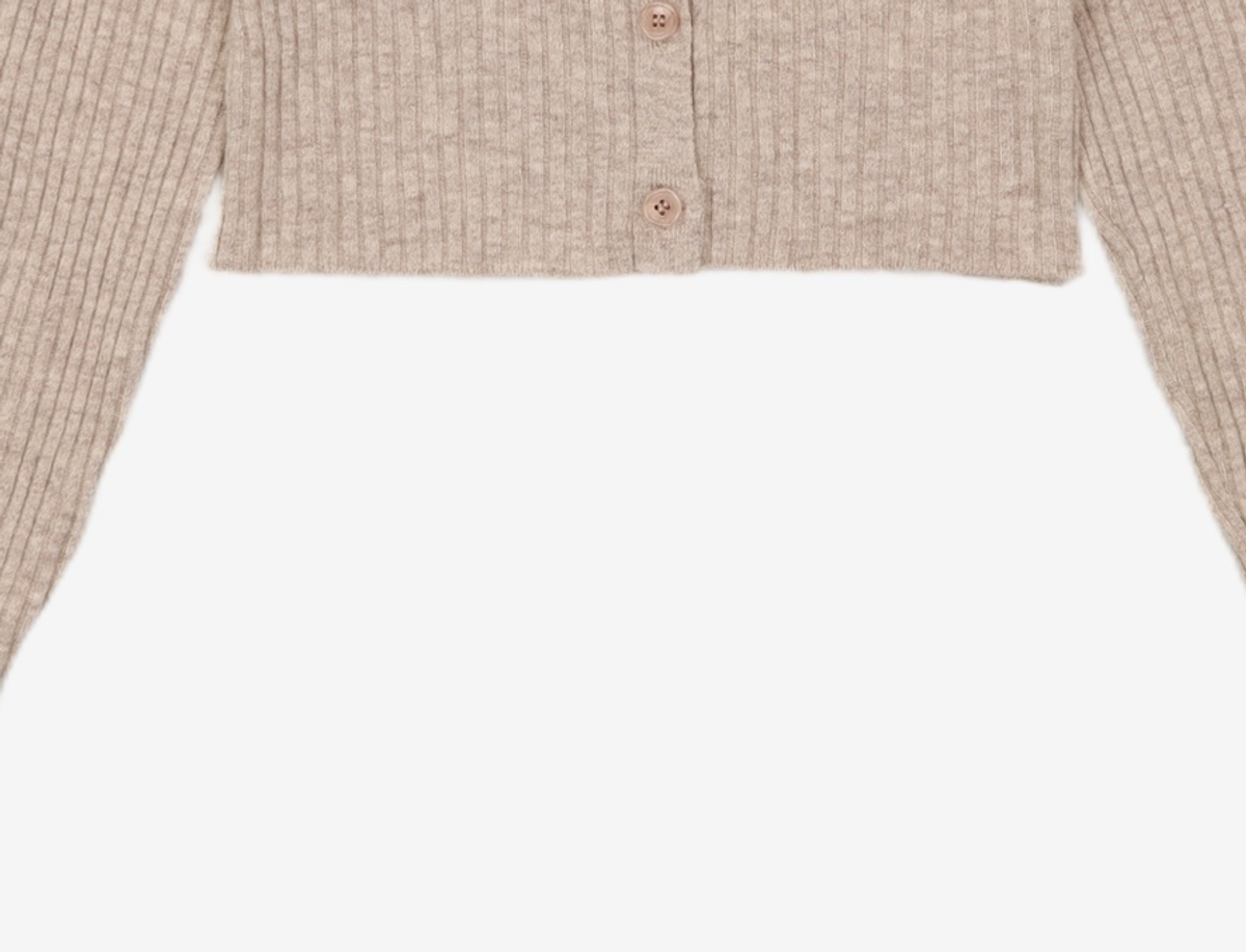 우알롱(WOOALONG) Signature slim basic crop cardigan - OAT MEAL S
