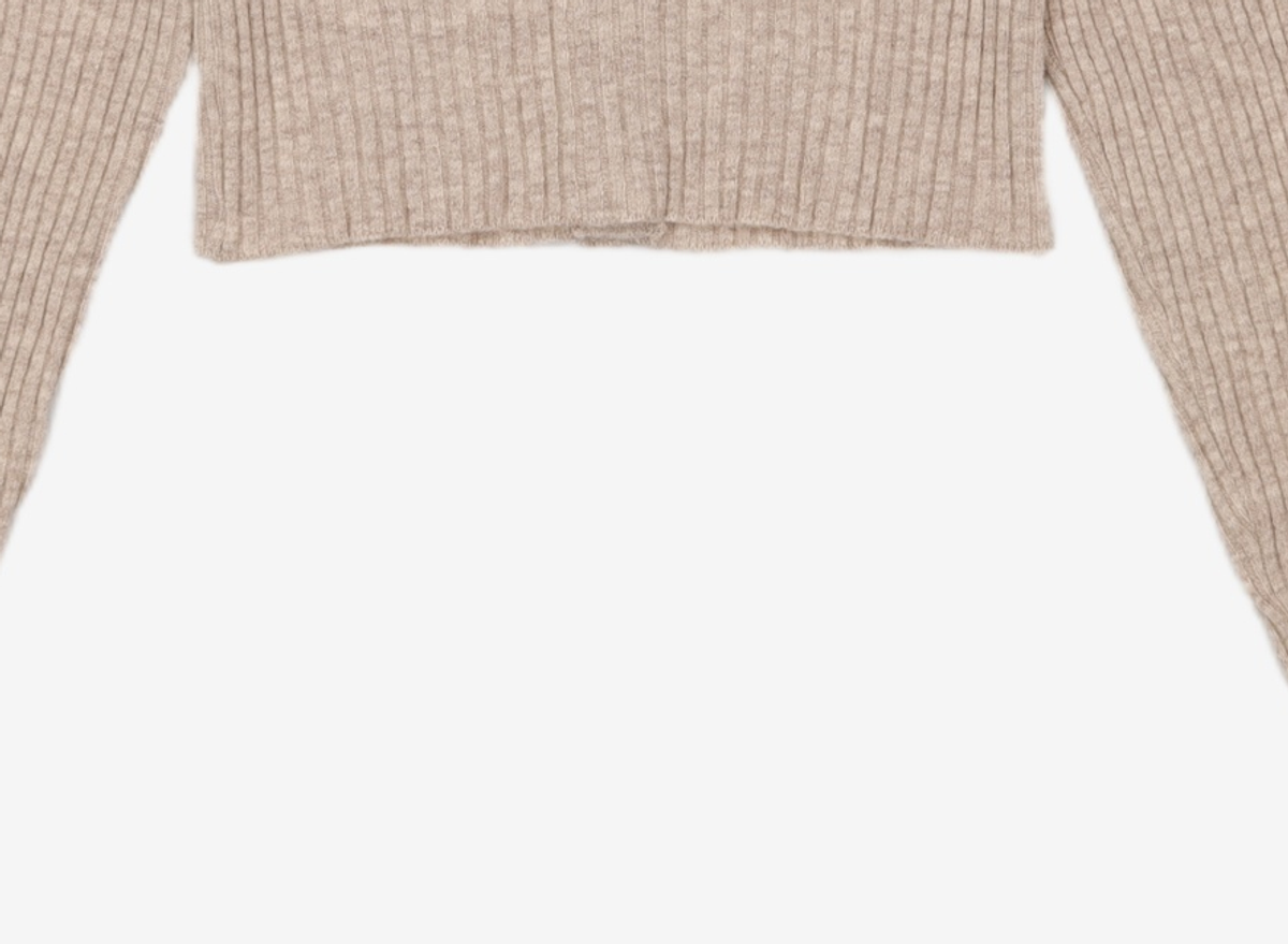 우알롱(WOOALONG) Signature slim basic crop cardigan - OAT MEAL S