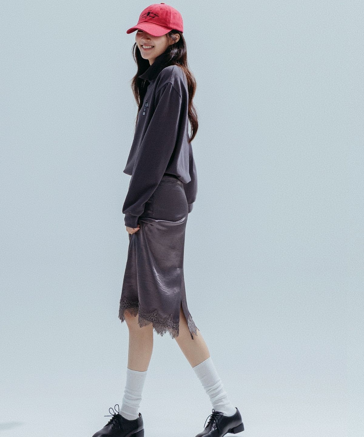 앤하츠(ANNEHEARTS) Satin Lace Midi Skirt_CHARCOAL