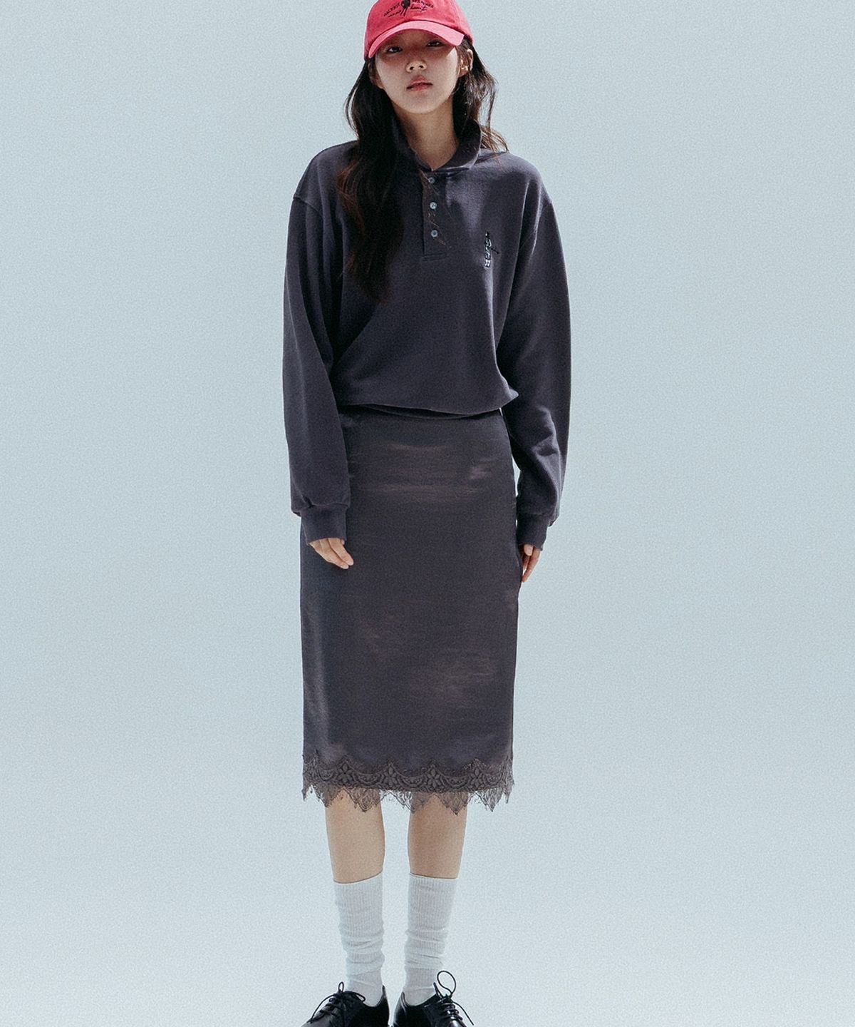앤하츠(ANNEHEARTS) Satin Lace Midi Skirt_CHARCOAL