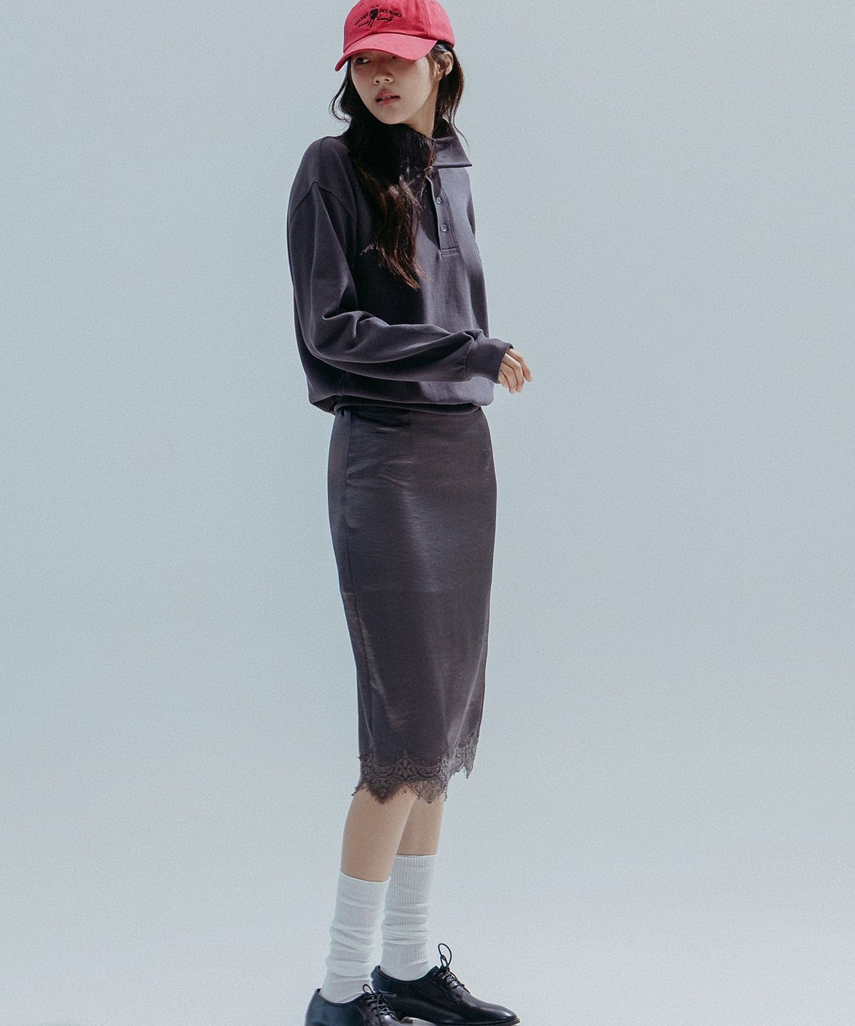 앤하츠(ANNEHEARTS) Satin Lace Midi Skirt_CHARCOAL