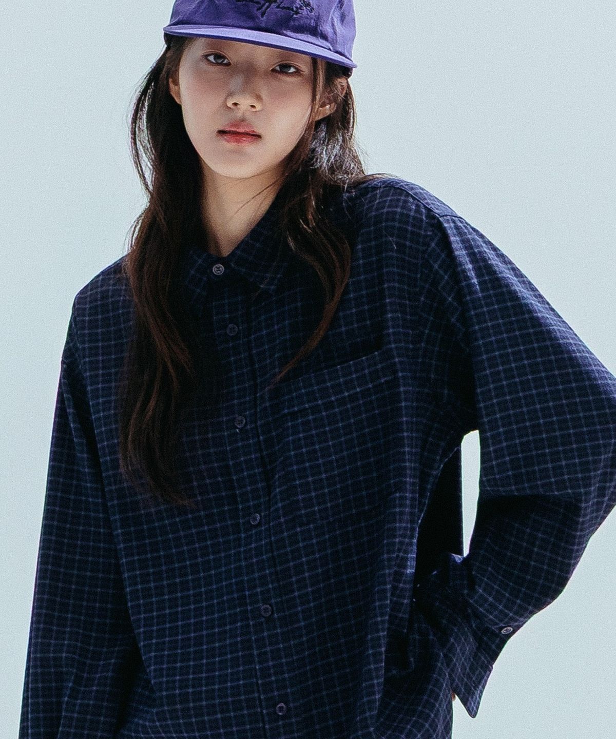 앤하츠(ANNEHEARTS) Drape Square Check Shirt_NAVYBLACK