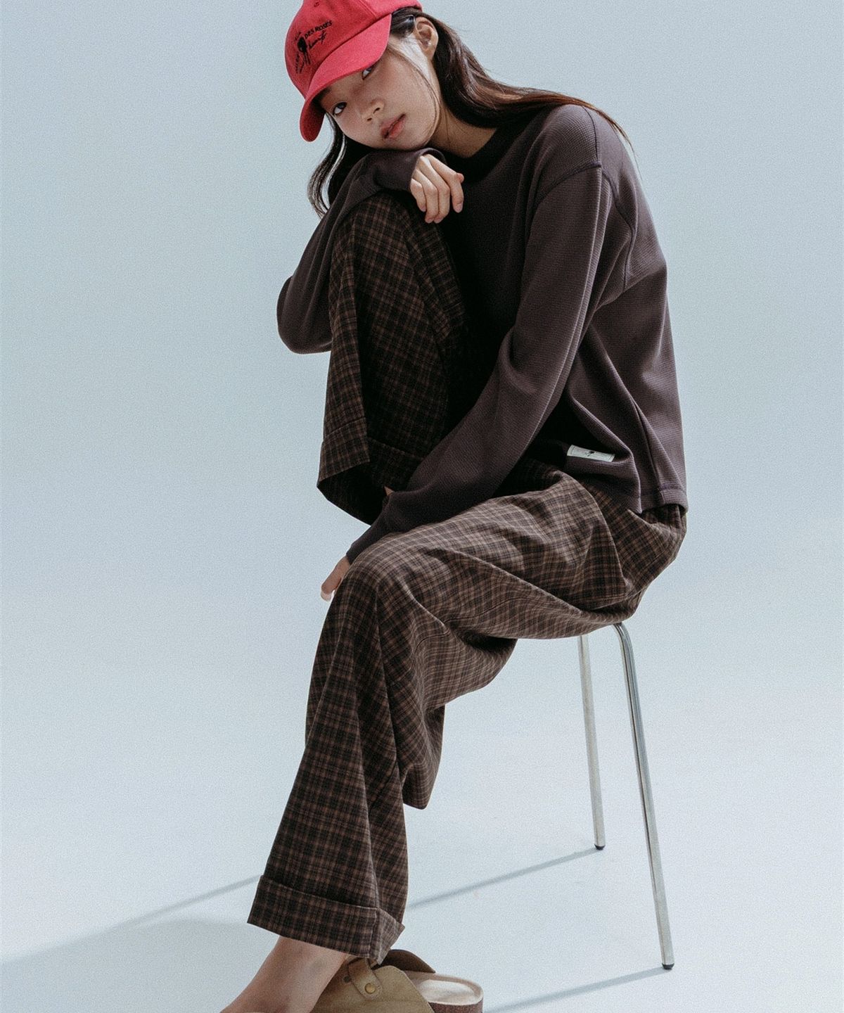 앤하츠(ANNEHEARTS) Glen Check Wide Easy Pants_BROWN