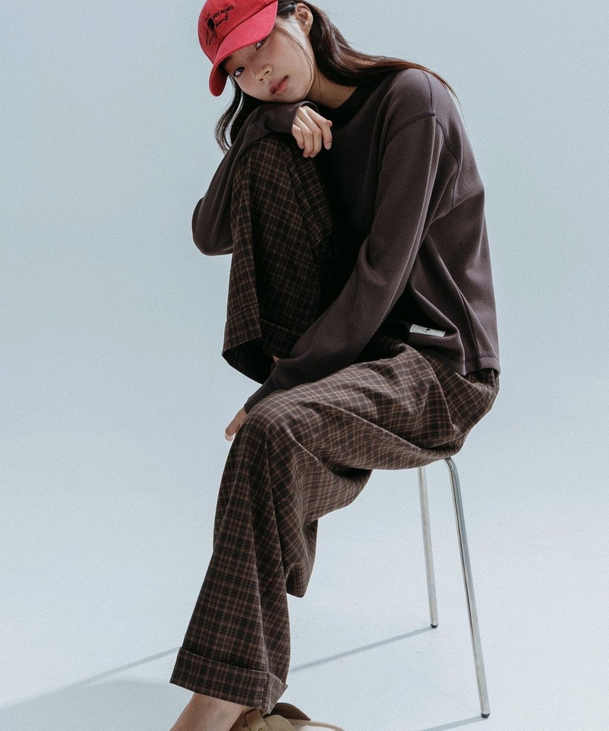앤하츠(ANNEHEARTS) Glen Check Wide Easy Pants_BROWN