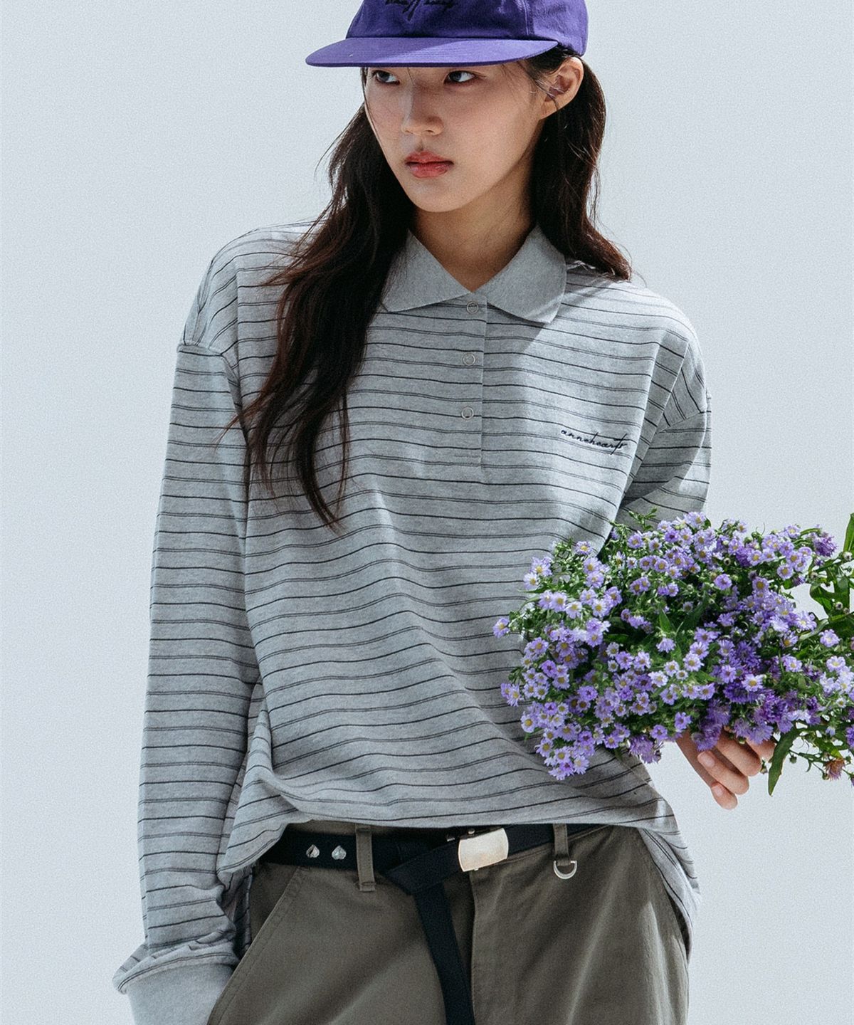 앤하츠(ANNEHEARTS) Pin Stripe Collar Polo Tee_GRAY