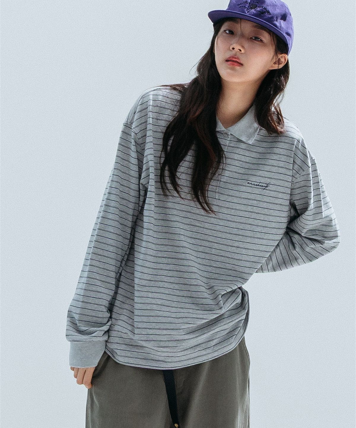 앤하츠(ANNEHEARTS) Pin Stripe Collar Polo Tee_GRAY