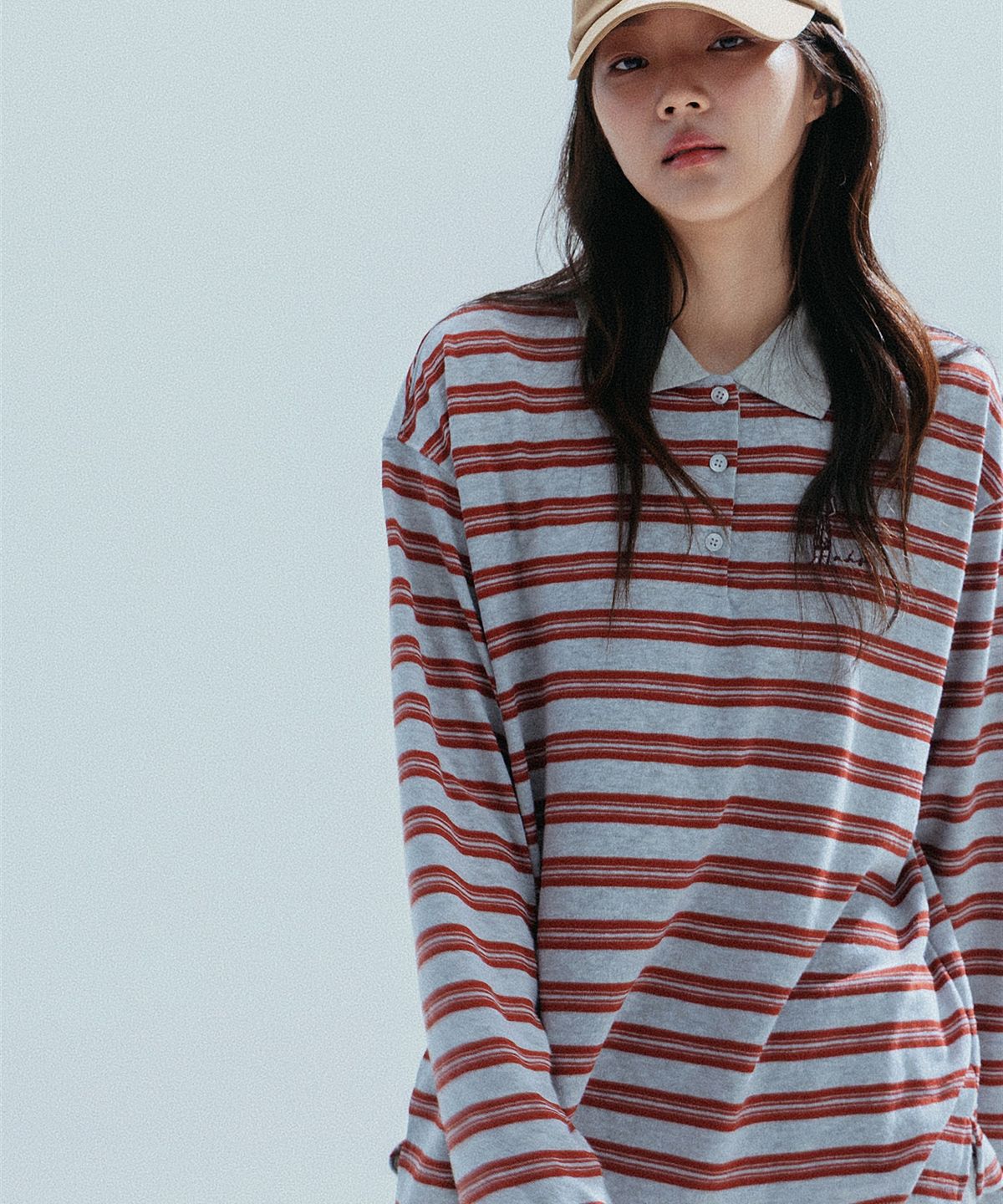 앤하츠(ANNEHEARTS) Wide Stripe Collar Polo Tee_GRAY