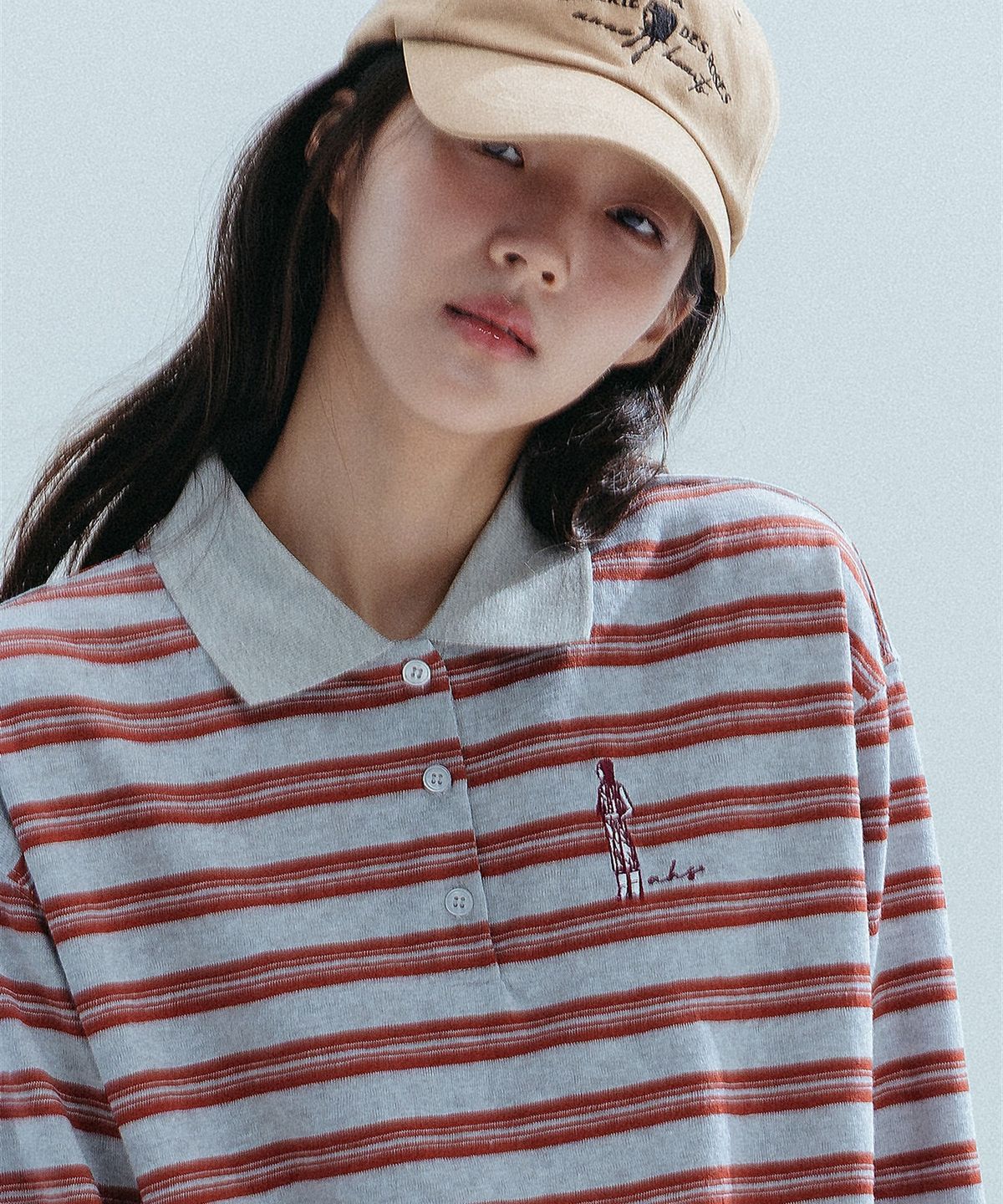 앤하츠(ANNEHEARTS) Wide Stripe Collar Polo Tee_GRAY