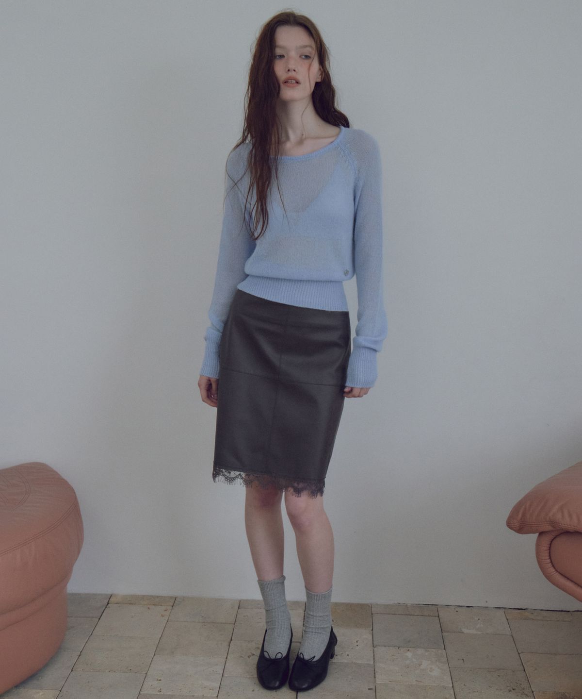 씨타(CITTA) Lace Trim Leather Skirt_CTS640(Charcoal)