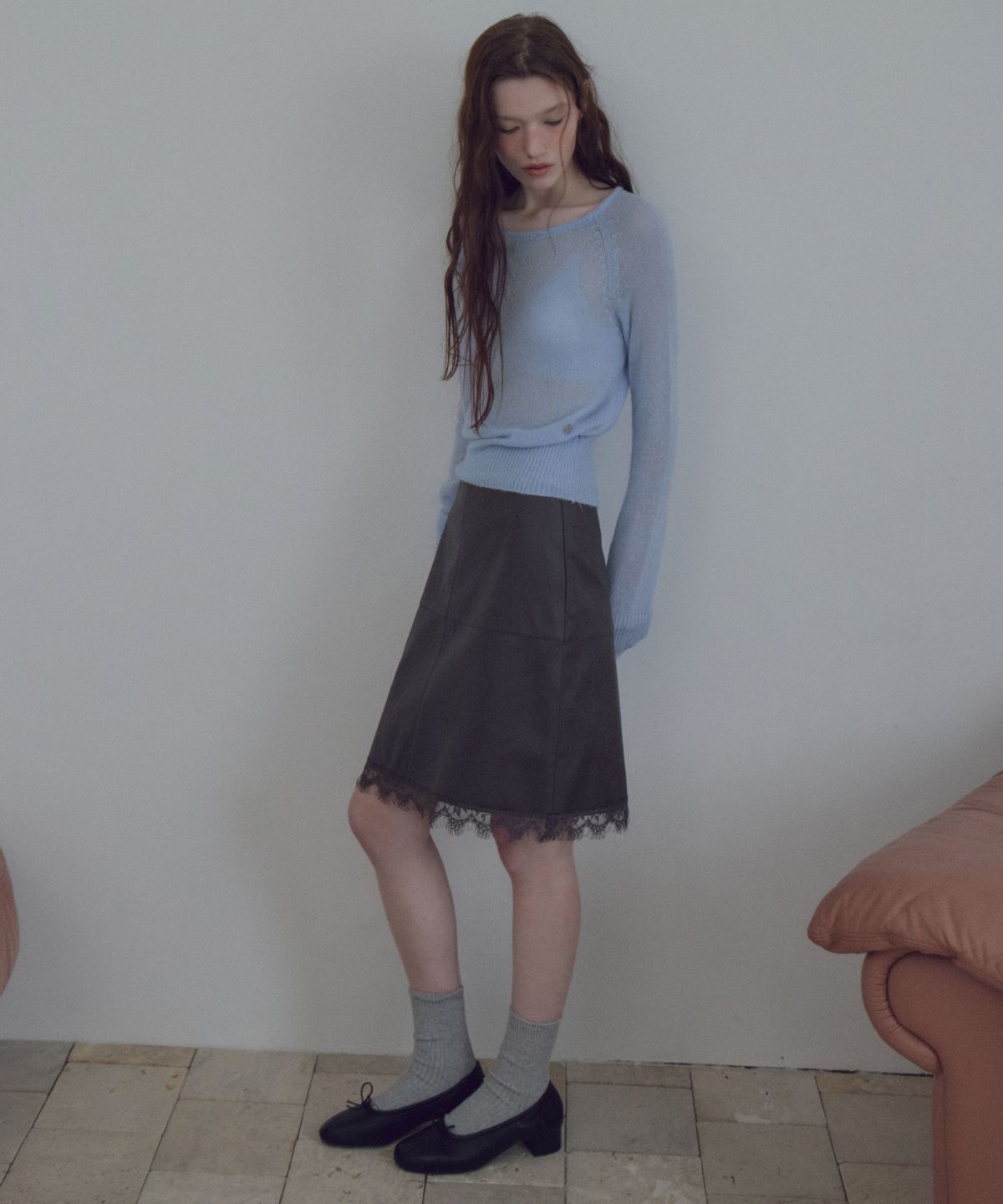 씨타(CITTA) Lace Trim Leather Skirt_CTS640(Charcoal)