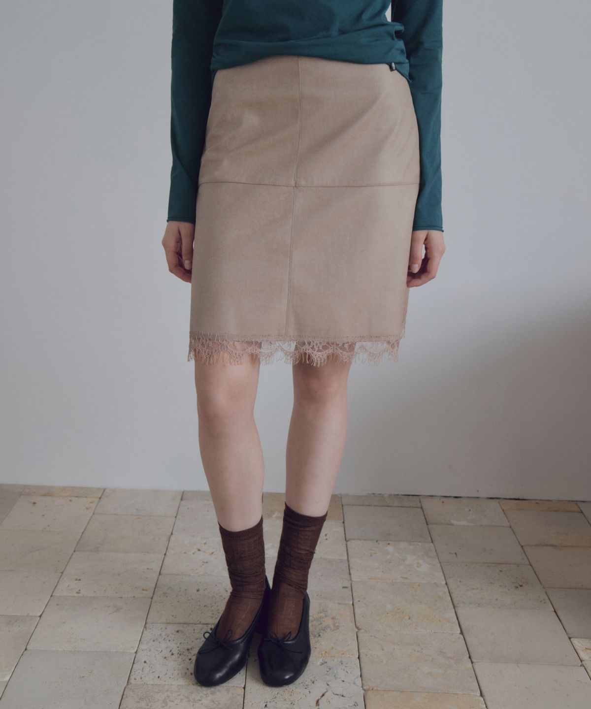 씨타(CITTA) Lace Trim Leather Skirt_CTS640(Beige)