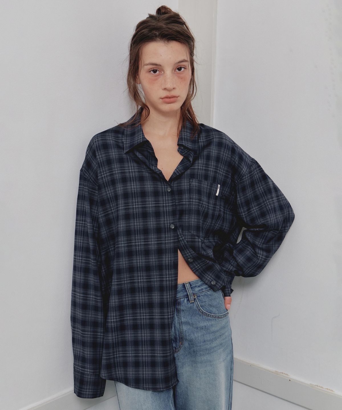 씨타(CITTA) Slot Pocket Oversized Check Shirt_CTT3050(Navy)