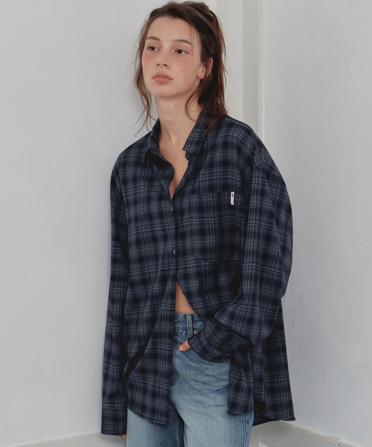 씨타(CITTA) Slot Pocket Oversized Check Shirt_CTT3050(Navy)