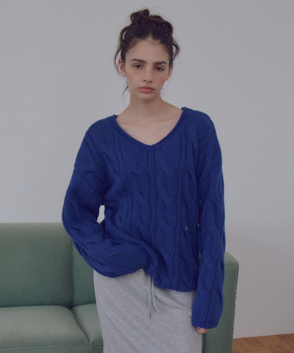 씨타(CITTA) Wool Blend Cable V-Neck Knit_CTK281(Blue)