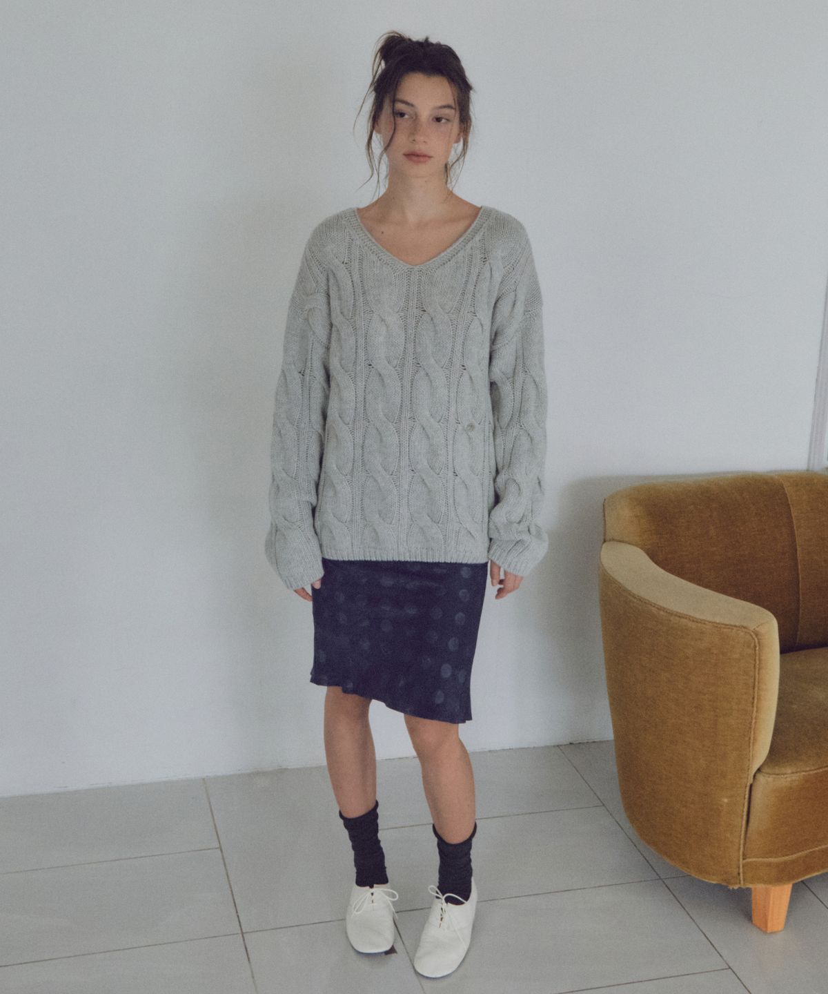 씨타(CITTA) Wool Blend Cable V-Neck Knit_CTK281(Melange Grey)