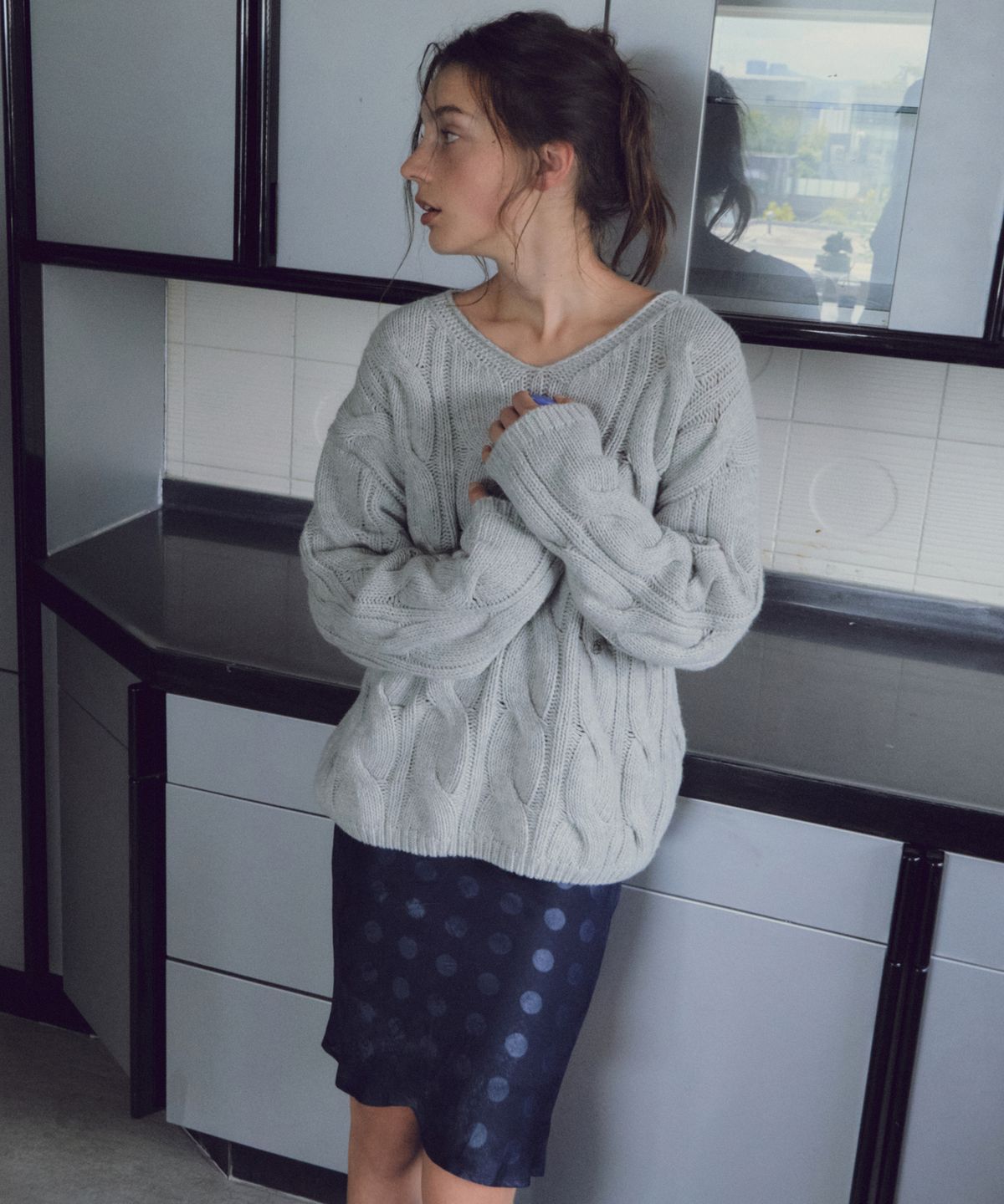 씨타(CITTA) Wool Blend Cable V-Neck Knit_CTK281(Melange Grey)