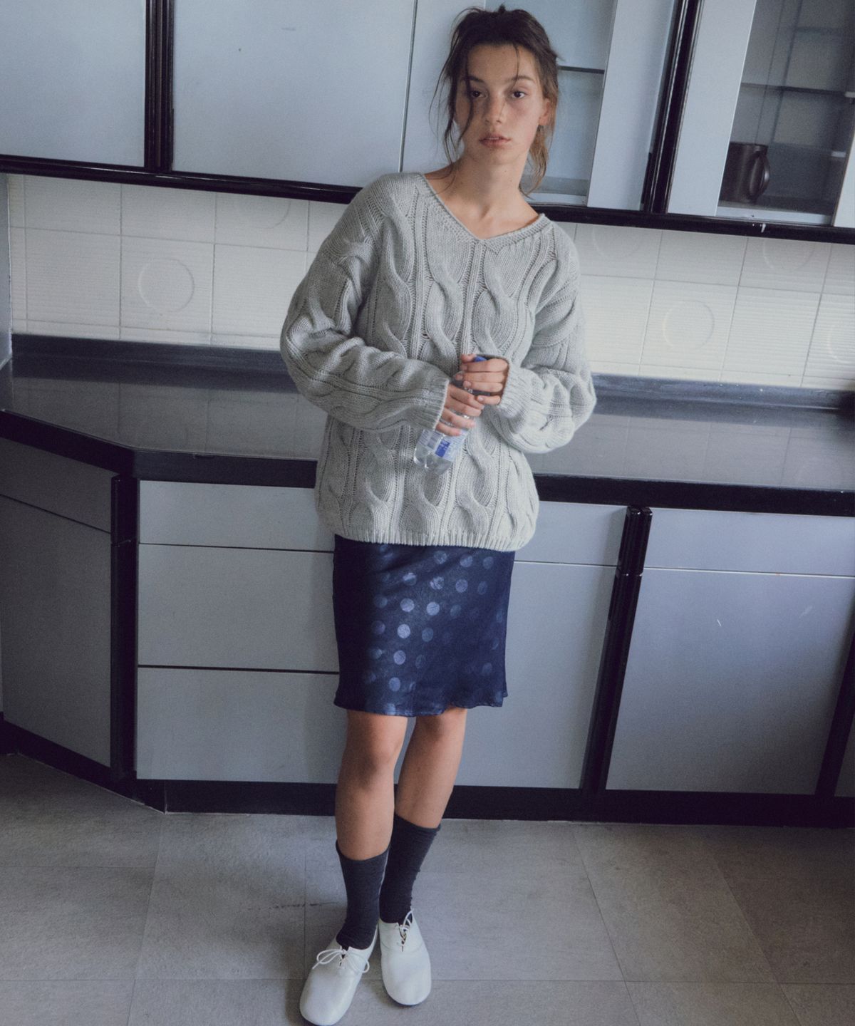 씨타(CITTA) Wool Blend Cable V-Neck Knit_CTK281(Melange Grey)